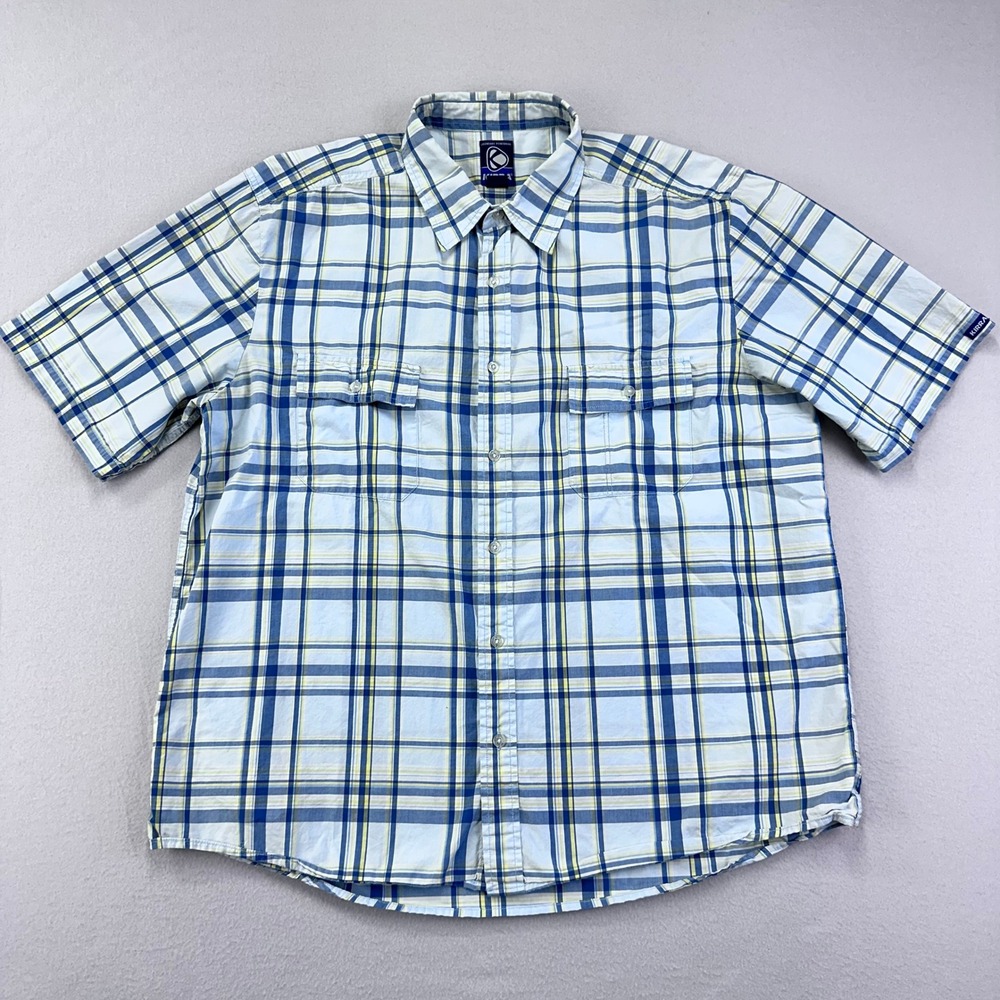 VTG KIRRA Shirt Mens XL Blue Plaid Short Sleeve Button Up Office Work Casual Y2K